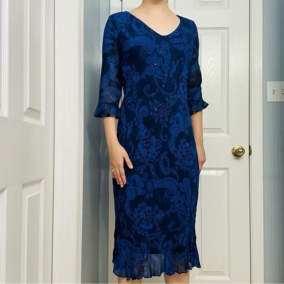 Vintage Dress Knee Length Blue Cocktail Floral Sequin Modest Sheath Small - Picture 1 of 6